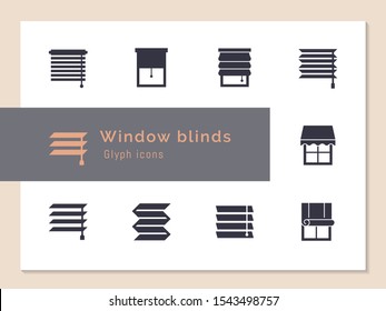 Vector isolated icons set of window blinds vector glyph icons. Window treatments and curtains glyph icons set. Interior design, home decor shop.