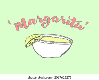 Vector isolated illustartion of the script Margarita with a cocktail glass for cards, posters and prints in EPS file format, hand lettering with red letters and blue background