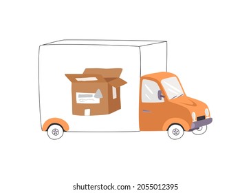 Vector isolated illustration with an abstract, linear truck with a box. Concept of cargo transportation, delivery, relocation, moving, post. You can use the element in banners, web design, etc.
