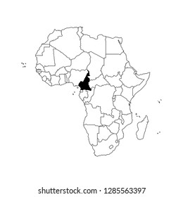 Vector isolated illustration with African continent with borders of all states. Black outline political map of Republic of Cameroon. White background. Note: Morocco and Western Sahara shown separately