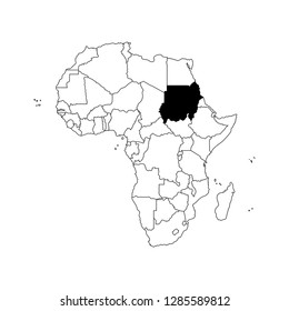 Vector isolated illustration with African continent with borders of states. Black outline political map of Republic of the Sudan. White background. Note: Morocco and Western Sahara shown separately