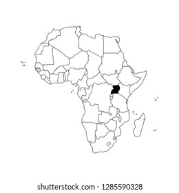 Vector isolated illustration with African continent with borders of all states. Black outline political map of Uganda. White background. Note: Morocco and Western Sahara shown separately.