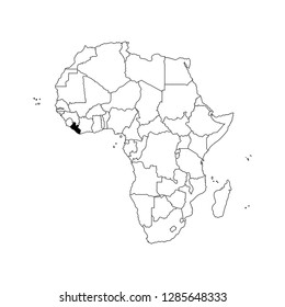 Vector isolated illustration with African continent with borders of all states. Black outline political map of Republic of Liberia. White background. Note: Morocco and Western Sahara shown separately.