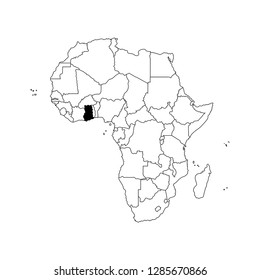 Vector isolated illustration with African continent with borders of all states. Black outline political map of Republic of Ghana. White background.  Note: Morocco and Western Sahara shown separately.