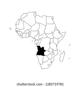 Vector isolated illustration with African continent with borders of all states. Black outline political map of Republic of Angola. White background. Note: Morocco and Western Sahara shown separately.