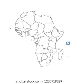 Vector isolated illustration with African continent with borders of states. Black outline political map of Republic of Seychelles. White background. Note: Morocco and Western Sahara shown separately