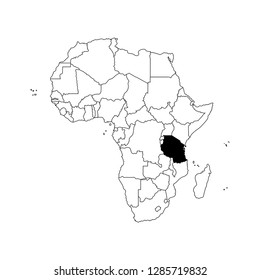 Vector isolated illustration with African continent with borders of all states. Black outline political map of Tanzania. White background. Note: Morocco and Western Sahara shown separately.
