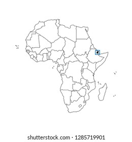 Vector isolated illustration with African continent with borders of all states. Black outline political map of Republic of Djibouti. White background. Note: Morocco and Western Sahara shown separately