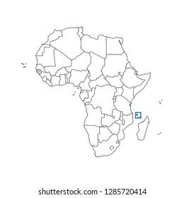 Vector isolated illustration with African continent with borders of all states. Black outline political map of Union of the Comoros. White background. Note: Morocco and Western Sahara shown separately