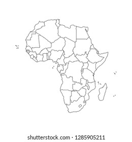 Vector isolated illustration with African continent with borders of all states. Black outline political map. White background and outline. Note: Morocco and Western Sahara shown separately.