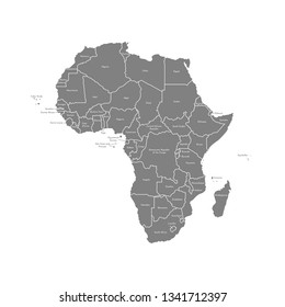 Vector isolated illustration with African continent with borders of all states. Grey political map with countries names. White background and outline