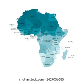 Vector isolated illustration with African continent with borders and names of all states. Political map. White background and outline, blue shapes. Note: Morocco and Western Sahara shown separately