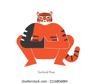 Vector isolated illustration with animal character doing yoga practice - Malasana. Chinese tiger learns Garland Pose. Simplified concept with balancing exercise for meditation and to be healthy
