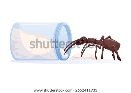 Vector isolated illustration of ant invading sugar jar. Home pest control concept with insect crawling into open food container. Symbol of infestation, kitchen hygiene issue and insect problem.