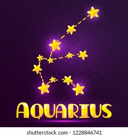 vector isolated illustration of Aquarius constellation. yellow shining stars in open space. cute star sign on a starry sky at night. Cosmic picture for design and print