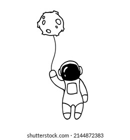 Dibujo vectorial aislado de un astronauta (hombre espacial) sosteniendo la luna como globo. Diseño de Doodle.