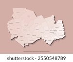 Vector isolated illustration with author vision. Simplified administrative map in beige colors of Novosibirsk Oblast, Russia. Names of urban okrug and districts in Russian language. Brown background