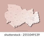 Vector isolated illustration with author vision. Simplified administrative map in beige colors of Novosibirsk Oblast, Russia. Names of urban okrug and districts. Brown background