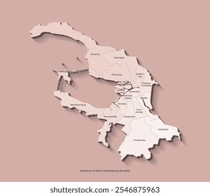 Vector isolated illustration with author vision. Simplified administrative map of Saint Petersburg in Russia in beige colors. Names of districts. Brown background