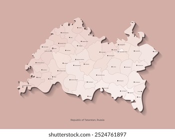 Vector isolated illustration with authors vision. Simplified administrative map of Republic of Tatarstan, Russia in beige colors. Names of cities, districts. Brown background