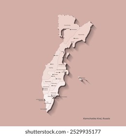 Vector isolated illustration with authors vision. Simplified administrative map of Kamchatka Krai in Russia. Names of cities and regions. Beige shape on brown background
