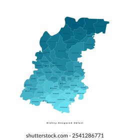 Vector isolated illustration with authors vision of simplified administrative map of Nizhny Novgorod Oblast in Russia. Borders of the districts and urban okrugs. Blue silhouettes. White outline. 