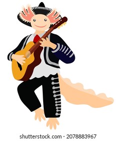 Vector isolated illustration of axolotl in a costume of mexican mariacho playing guitar.