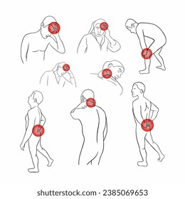 Ejemplo aislado de dolor de espalda y articulaciones. Cefalea y dolor de cuello. Dibujo de contorno de personas con localización del dolor.