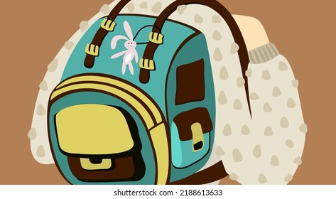 Vector isolated illustration of backpack on the back of pupil. With trinket in a shape of hare. Education concept.