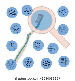 Vector isolated illustration of bacteria on a toothbrush. Frequency of toothbrush replacement. Rules for storing a toothbrush.