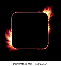 Vector isolated illustration of banner with fire flames. Fire transparent frames with sparkles. Square fiery frame. Fire magic light burning banner.