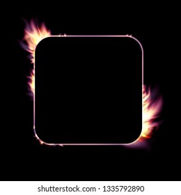 Vector isolated illustration of banner with fire flames. Fire transparent frames with sparkles. Square fiery frame. Fire magic light burning banner.