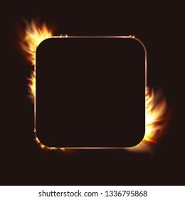 Vector isolated illustration of banner with fire flames. Fire transparent frames with sparkles. Square fiery frame. Fire magic light burning banner.