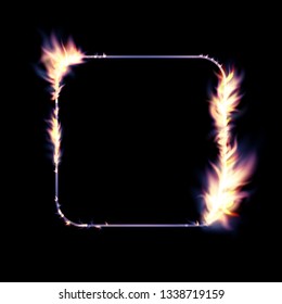 Vector isolated illustration of banner with fire flames. Fire transparent frames with sparkles. Square fiery frame. Fire magic light burning banner.