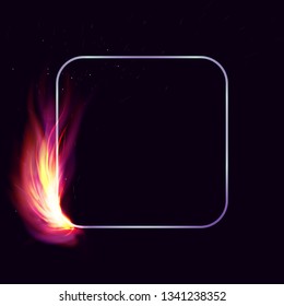 Vector isolated illustration of banner with fire flames. Fire transparent frames with sparkles. Square fiery frame. Fire magic light burning banner.