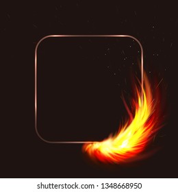Vector isolated illustration of banner with fire flames. Fire transparent frames with sparkles. Square fiery frame. Fire magic light burning banner.