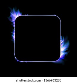Vector isolated illustration of banner with fire flames. Fire transparent frames with sparkles. Square fiery frame. Fire magic light burning banner.