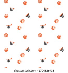 Vector isolated illustration of basketball seamless pattern. Balls, hoop, net. Flat illustration on white background. Championship poster, banner design
