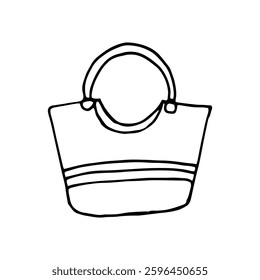 Vector isolated illustration of beach bag. Drawn shopper with handle. Black and white doodle illustration of travel item.