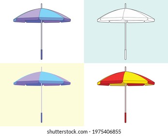 Vector isolated illustration of beach umbrella made in four different options: cold palette, outline, without outline and warm palette. Cartoon style. Summer vacation accessory for sun protection.