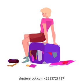 Vector isolated illustration of beautiful blonde woman is sitting on blue suitcase, trying to pack. Baggage closed but things fall out and scattered around stuff. Concept for Time to travel in flat