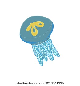 Vector isolated illustration of a beautiful blue jellyfish on a white background. A Floating Marine Underwater Creature.