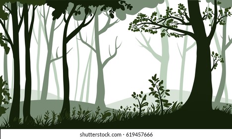 Vector isolated illustration of a beautiful forest background. Tree silhouettes, wood landscape, grass, trunks, branches, leaves. 