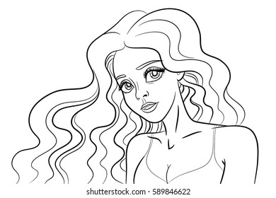 Vector isolated illustration of a beautiful young girl with a curly long hair. Cartoon, comic style, coloring book design, line art.