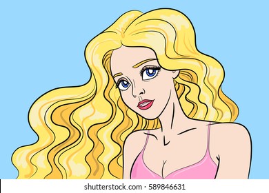 Vector isolated illustration of a beautiful young girl with a curly long hair. Cartoon, comic style. Sexy pretty blond woman. Blue sky, pink bikini bra.