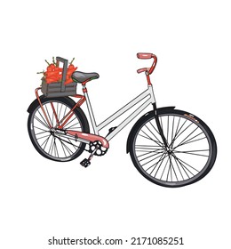 Vector isolated illustration of a bicycle with a trunk of vegetables. Pepper with a bicycle as a logo, emblem, label, designer's blank