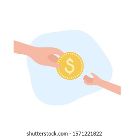 Vector isolated illustration of big and little hands with coin. Mother gives cash to child. Finance education symbol. Investment, saving symbol. Kids and parents with money