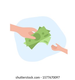 Vector isolated illustration of big and little hands with banknote. Mother gives cash to child. Finance education symbol. Investment, saving symbol. Kids and parents with money