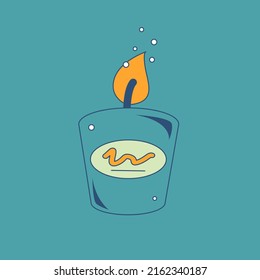 Vector isolated illustration of a birning glass candle on a teal green background. Cozy relax atmosphere symbol