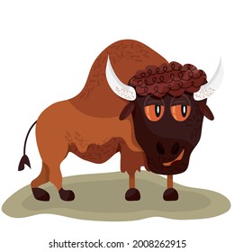 Vector, isolated illustration of a bison. Horns. Fur. Cartoon style of animals.